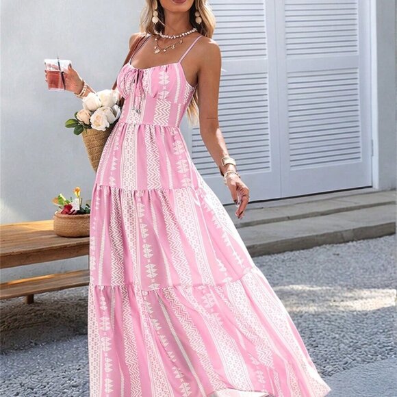 Pink Boho Women's Woven Print Spaghetti Strap Long Dress - Picture 1 of 6